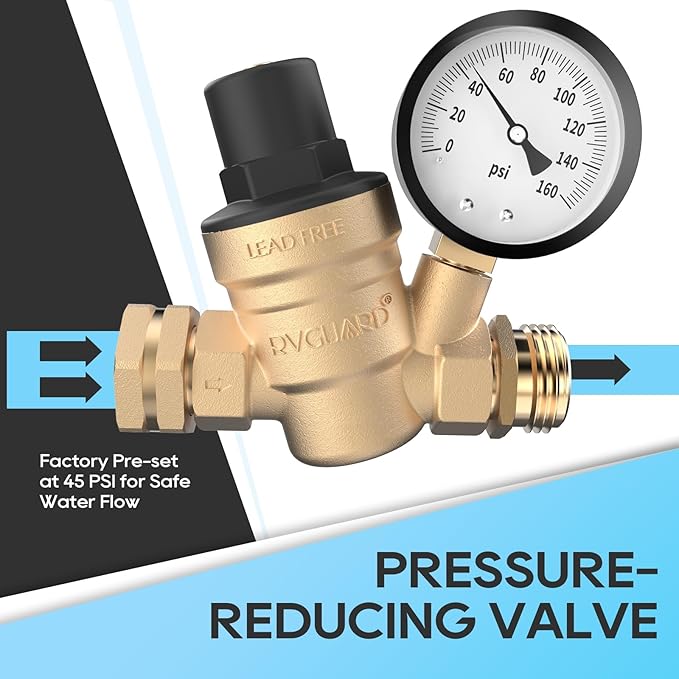 RVGUARD RV Water Pressure Regulator Valve, Brass Lead-Free Adjustable Water Pressure Reducer with Gauge and Inlet Screen Filter for RV Camper Travel Trailer