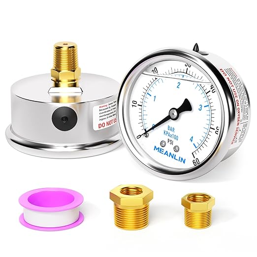 MEANLIN MEASURE 0~60Psi Stainless Steel 1/4" NPT 2.5" FACE DIAL Liquid Filled Pressure Gauge, Pool Sand Filter Pressure Test Center Back Mount, with 1/2" NPT and 3/8" NPT Hex Bushing