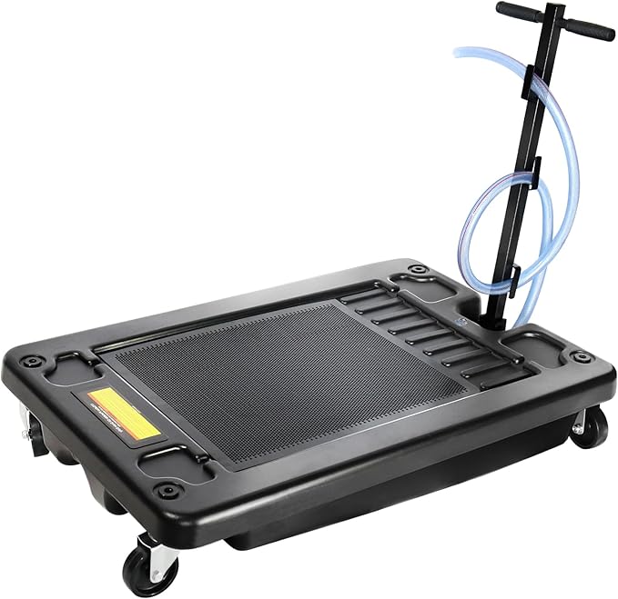 HKTE Oil Drain Pan, 17Gallon(64L), Low-Profile, T-Handle and Heavy-Duty Casters, Quick Drainage, Splash Guard Cover Design