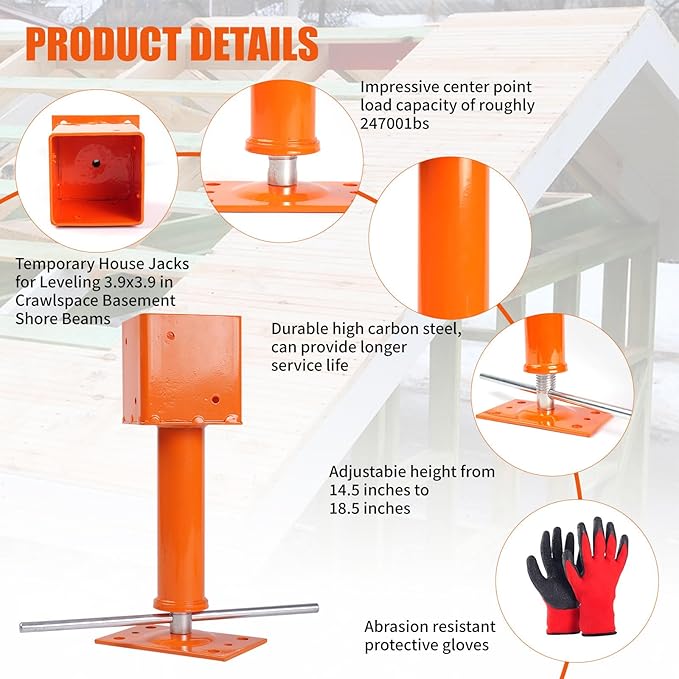 Adjustable Screw Jack Post 14.5"-18.7", Heavy Duty 3.9x3.9 House Jack with 24,700 lbs Support, Basement & Crawlspace Floor Jack Post for Leveling Beams, Comes with Work Gloves