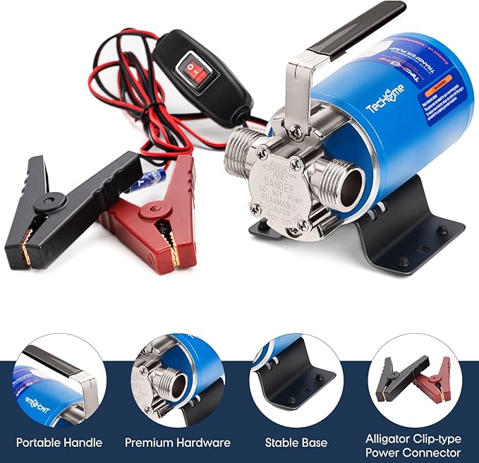 12V Portable Electric Utility Water Transfer Pump, with ON/OFF Switch and Suction Hose Kit.