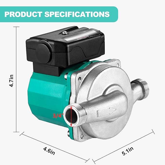 Hot Water Recirculating Pump,93W 3/4" NPT Circulation Pump,Stainless Steel Head for Domestic Water Heater System (RS15-6 Stainless Steel Green)