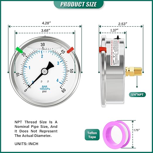 0-60PSI Stainless Steel Liquid Filled Pressure Gauge, 4" Dial Size, 1/4" NPT Back Mount, for Tube, Water Pump, Gas, Liquid, Pressure Test (with Range Mark Pointer)