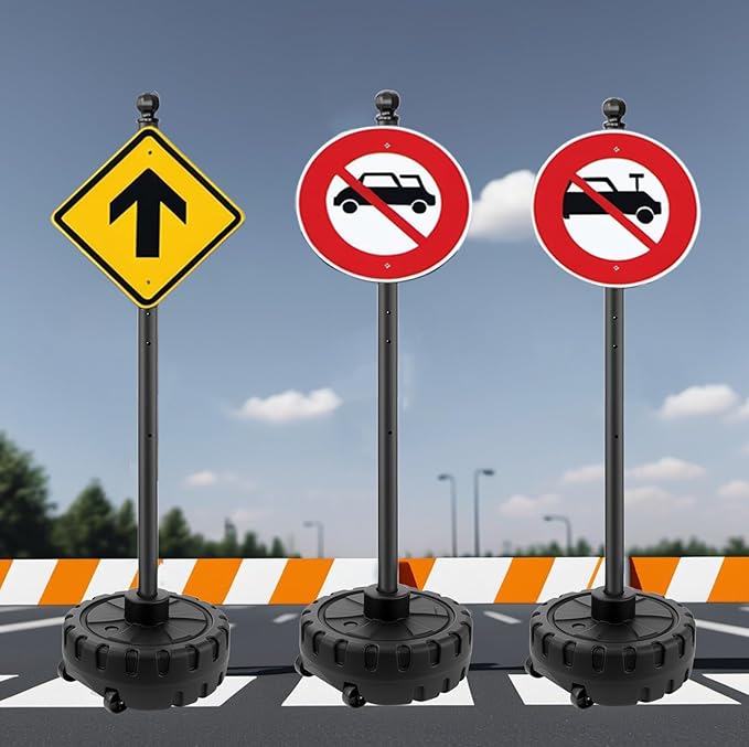 Portable Sign Post and Base Kit, 5 ft Heavy Duty Cast Iron Sign Pole with Hard Plastic Wheeled Base, Movable Signs Stand Easy to Use Portable Sign Holder for Traffic, Parking, and Safety Signs
