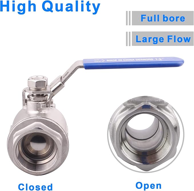 DERNORD Stainless Steel 304 Ball Valve, Full Port Heavy Duty for WOG with Locking Device (1-1/4" NPT)