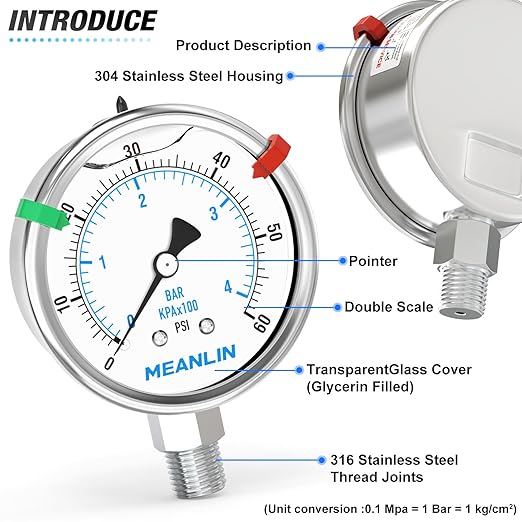 MEANLIN MEASURE 0~60Psi Stainless Steel Liquid Filled Pressure Gauge 2.5" FACE DIAL 1/4" NPT for Pool Filter Pump Water Oil Air Compressor Lower Mount with Stainless Steel Hex Bushing and Snaps