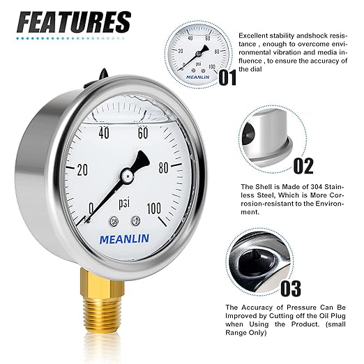 MEANLIN MEASURE 0~100Psi Stainless Steel 1/4" NPT 2.5" Single Scale FACE DIAL, Glycerin Filled Pressure Gauge, WOG Water Oil Air, Lower Mount, with 1/2" NPT and 3/8" NPT Hex Bushing