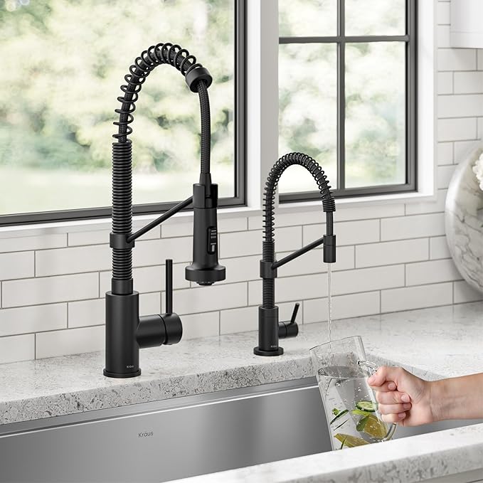 KRAUS Bolden Commercial Style Pull Down Kitchen Faucet and Water Filter Faucet Combo in Spot-Free Stainless Steel, KPF-1610-FF-104SFS