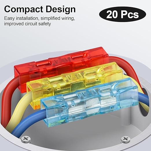 20Pcs Plug-in Quick-Connect Terminal Blocks, 1-in-1-out Wire Connectors, Convenient Wiring KV12, Replaces Electrical Tape (Red Blue Yellow White)