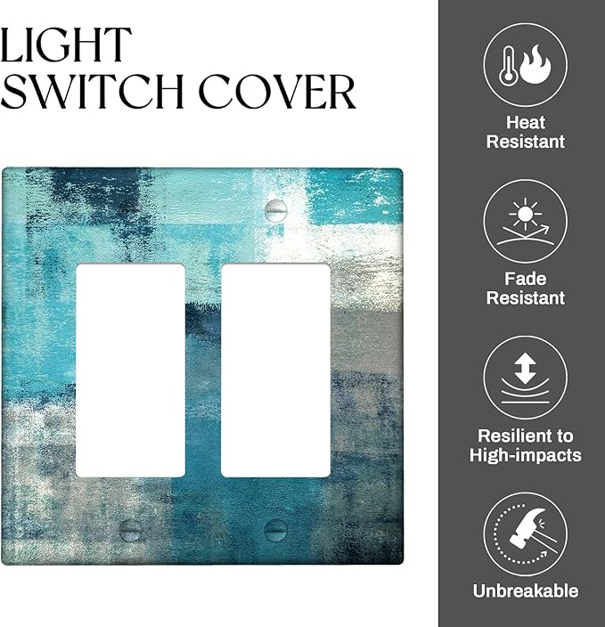 Turquoise and Grey 2-Gang Rocker Wall Plate Cover Teal Abstract Art Decorative Light Switch Cover Modern Electrical Outlet Covers Kitchen Accessories & Decor