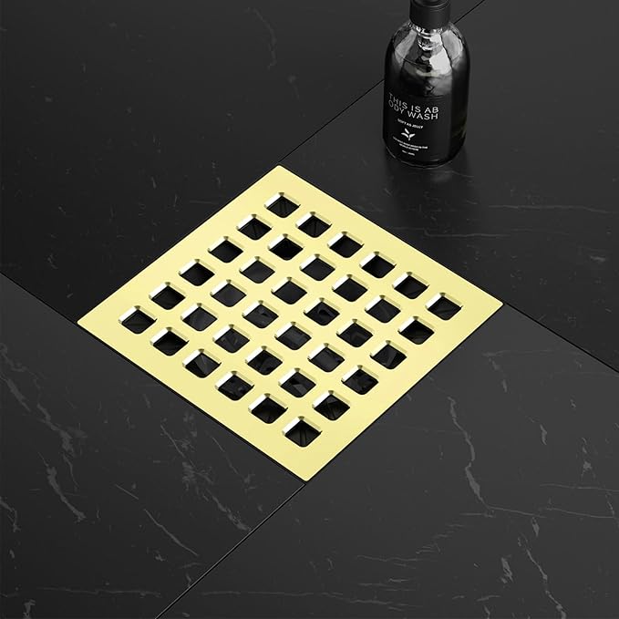 Shower Drain Kit with Brushed Gold Shower Grate, Waterproof Membrane and Pipe Sealing Collar, Complete Floor Drain System for Tiled Showers and Bathrooms