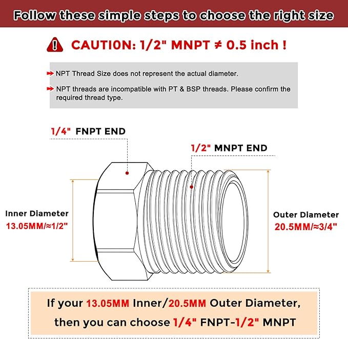 Pack of 5, 1/2" Male NPT to 1/4" FeMale NPT Solid Brass Hex Bushing, Hose Fittings Adapter Threaded Reducer Heavy Duty for Pipe Leak Repair, Bathroom Remodel, Compression