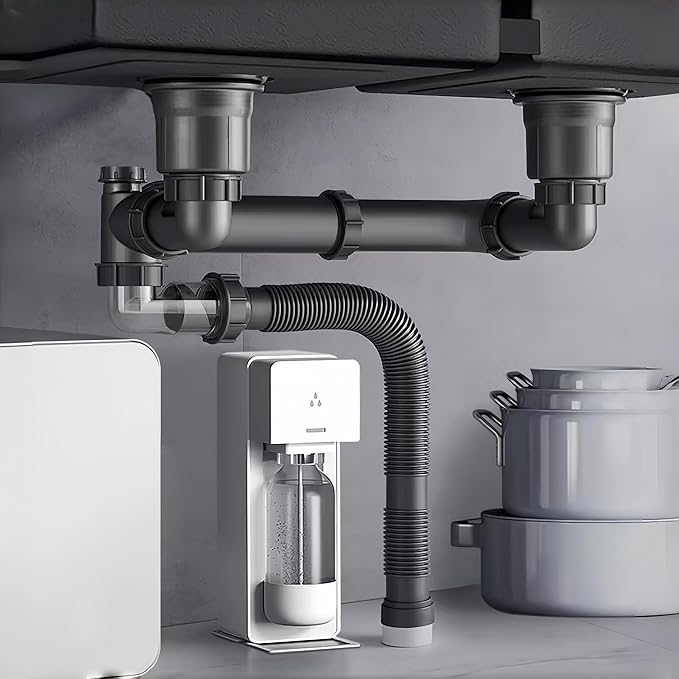 Expandable Flexible 1 1/2" or 1 1/4" Pipe kit for Double Kitchen Sink, All-In-One-Drain Kit for Double Bowl Sinks, Space saving, Suitable for Kitchen, Bathroom, Restroom