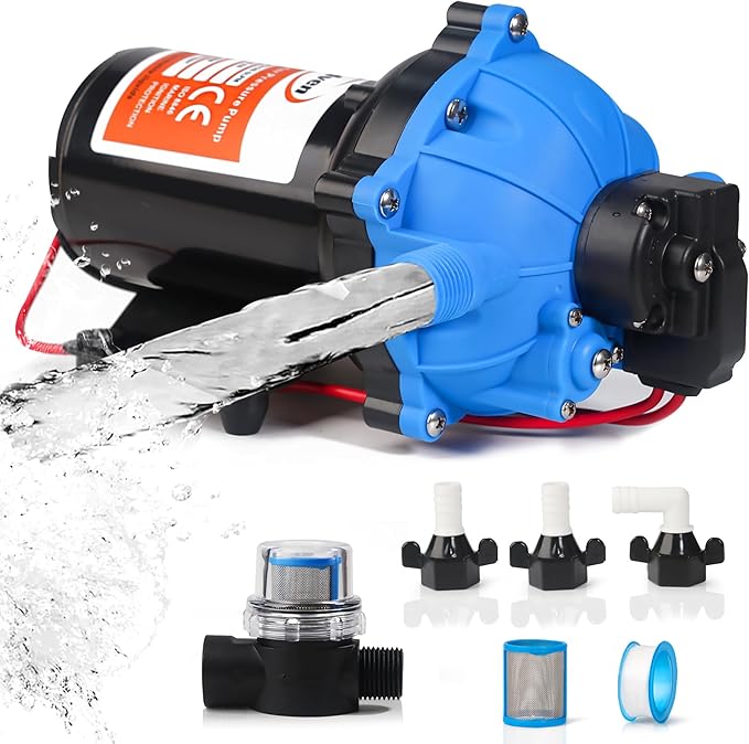 [Upgraded Version] 12V DC RV Fresh Water Pump, 7GPM 70PSI, Five Chamber Self-Priming Diaphragm Pump with Heavy Duty Pressure Switch & Strainer for RV, Marine, Yacht, Caravan, Camper
