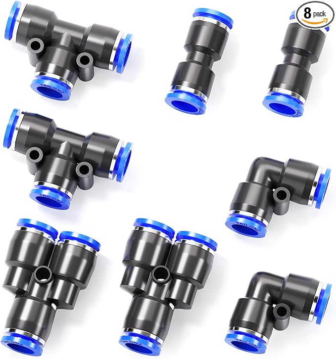 TAILONZ PNEUMATIC 5/16 Inch od Push to Connect Fittings Pneumatic Fittings Kit 2 Spliters+2 Elbows+2 tee+2 Straight (8 pcs)