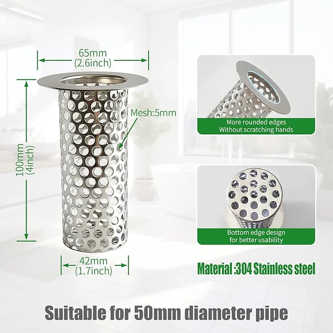 2'' Commercial Floor Drain Strainer, 4" Tall 304 Perforated Cylindrical Mesh Stainless Steel Drain Strainer for Factory/Kitchen/Hospital/Restaurant (Silver, 4" Tall x 2" Diameter)