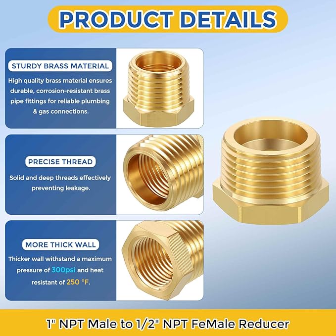 5 Pack Brass Pipe Fittings, 1" NPT Male to 1/2" NPT FeMale Brass Hex Bushing Reducer, Hose Tube Threaded Adapter for Air, Oil, LP