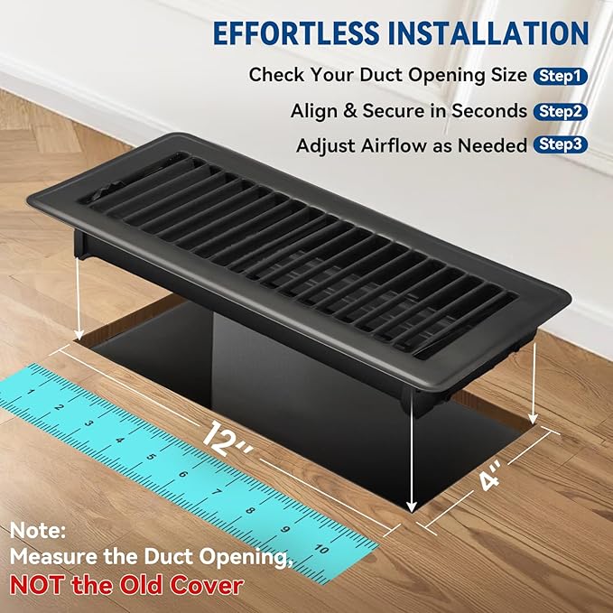 4" x 12" Floor Register Vent Covers 6-Pack, Walkable Powder-Coated Metal Vent Covers with Adjustable Airflow, Curved Safe Edges for Floor/Wall, Black