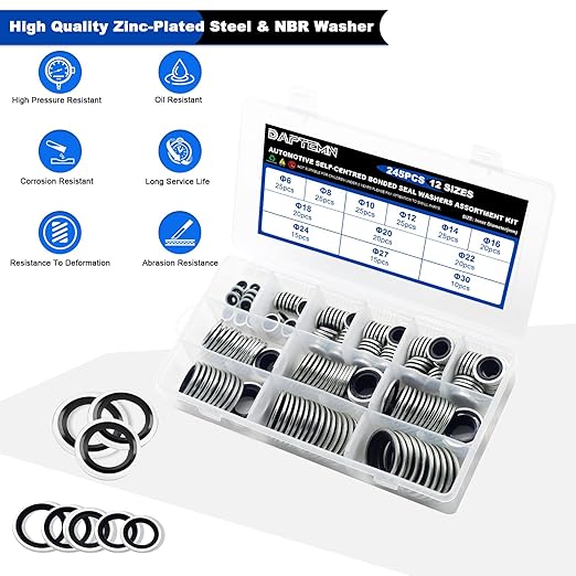 245PCS Bonded Sealing Washers, NBR Metric Zinc-Plated Steel Self-Centred Sealing Rubber Washers, Automotive Seal Gasket Crush O-Ring Assortment Kit Set, Includes Sizes of M6-M30