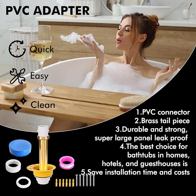 Freestanding Tub Drain Rough-in Kit, Bathtub Drain Kit with PVC Plastic Adapter and Brass Tail Pipes, Compatible for Freestanding Bathtub, Floor Mounted, Copper Bathtub, Yellow