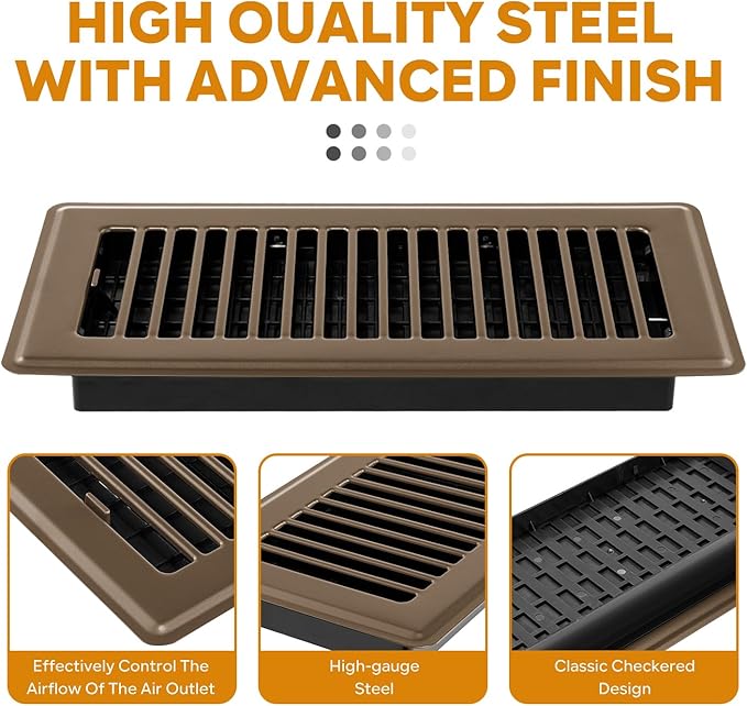 Floor Register 4x10, Floor Vent Covers Brown, 2 Pack Heavy Duty Steel Walkable Floor Grates, for Sidewall and Floor