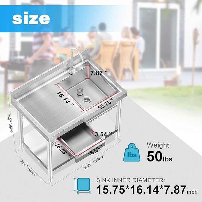 Stainless Steel Utility Sink Freestanding Single Bowl Laundry Sink with Hot and Cold Water Plumbing Workbench Drawers for Laundry Room Farmhouse Indoor and Outdoor Sink