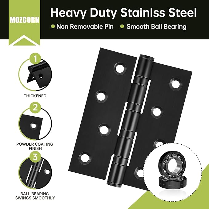 3-Pack Black Door Hinges, 4 Inch Heavy Duty Stainless Steel Hinge for Interior Exterior Doors, Max Loading 150LB, Matte Black Ball Bearing Hinges with Screws, Smooth and Quiet