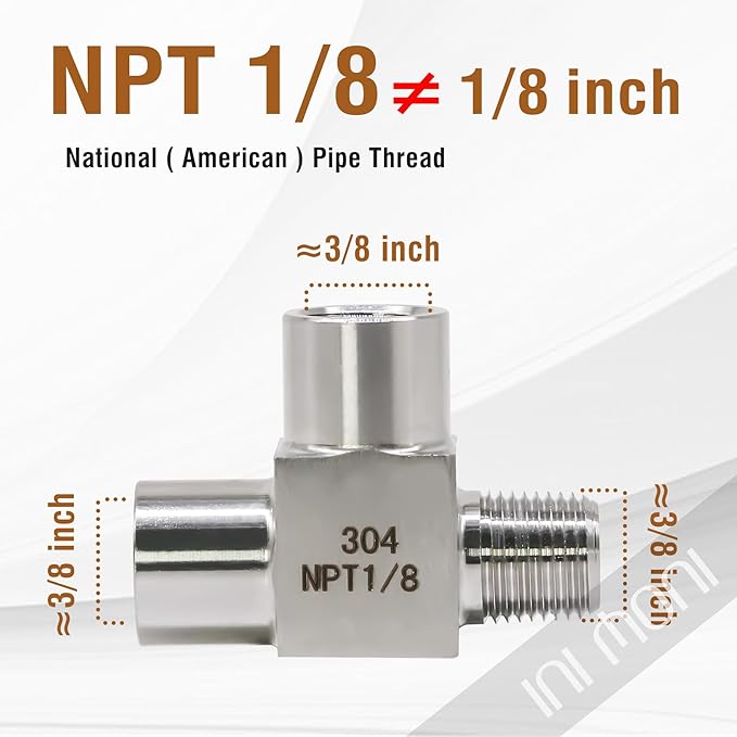 1/8 NPT tee pipe fitting female x female x male 3 ways T thread pipe adapter, stainless steel male run tee fitting connector for for oil pressure gauge, 4350 psi