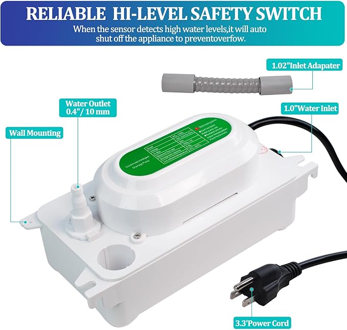 Condensate Pump, 6.6 ft/2 m Lift, 110V Removal HVAC Drain Pump, 5W AC Condensate Removal with 100 L/H Flow for Air Conditioner Commercial Ice Makers, 3.3ft Power Cord, with 2ft Tubing