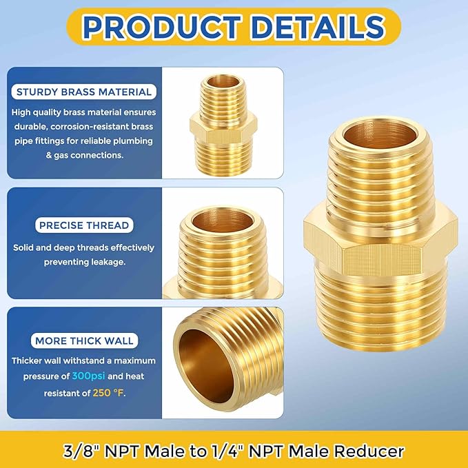 2 Pack Brass Pipe Fittings, 3/8" NPT Male to 1/4" NPT Male Brass Hex Nipple, Male Pipe Adapter Reducer for Air, Oil, LP