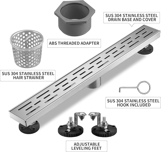 Linear Shower Drain, Brushed Nickel Shower Drain 32 Inch with Removable Grate, SUS-304 Stainless Steel Rectangle Floor Drain with Leveling Feet and Hair Strainer, Bathroom Modern Drain SD-101