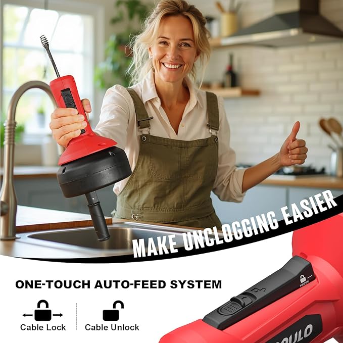 POPULO Drain Auger, Auto Feed Plumbing Snake Clog Remover for Unclog Sink Drain 3/4"-2" Pipe, Snake Hair Drain Clog Remover Cleaner Tools Manually or Powered for Shower, Bathtub, Kitchen, Sink