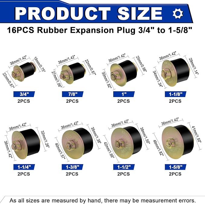 16PCS Expandable Freeze Rubber Plugs Kit, 8 Sizes Automotive Engine Rubber Expansion Freeze Plugs Fit Hole 3/4" 7/8" 1" 1-1/8" 1-1/4" 1-3/8" 1-1/2" 1-5/8"