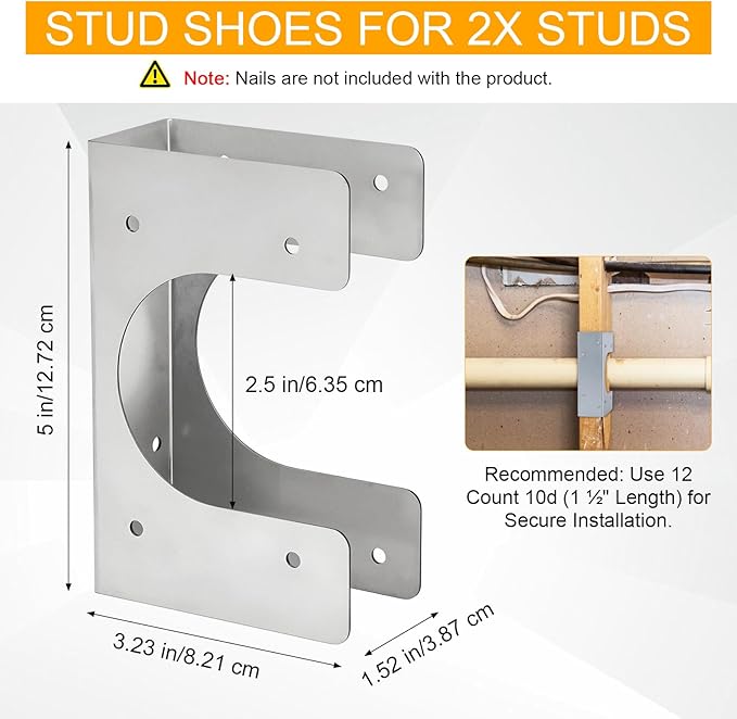 4 Pcs Stud Shoes for 2X Studs, 16-Gauge Galvanized, 5" Height, 1.5" Width, Fits Up to 2 3/8" OD Pipes - Thicker, Higher, IBC/IRC Code Compliant, Extra Durable