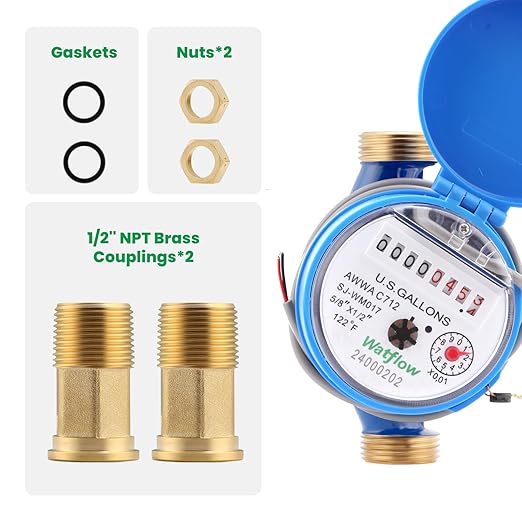Watflow DN15 Water Meter 1/2" NPT, AWWA C712 Certification Gallon Water Flow Meter with Pulse Output, Cold Water Meter for Garden/Home/Apartment, Horizontal Install.
