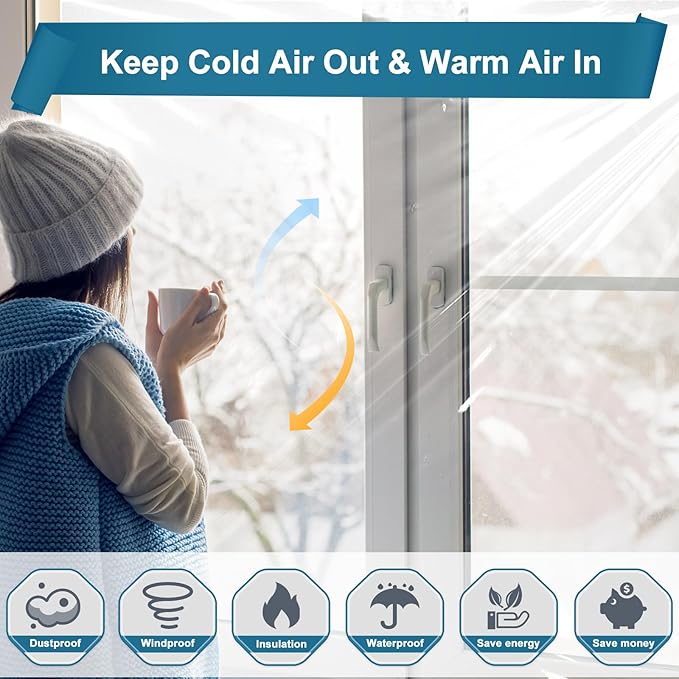 Window Insulation Kit for Winter Fits up to 10 Windows, Plastic Window Winterizing Seal Kit 63 Inch×32 Ft with Double-Sided Tape, Heavy Duty Rolled Shrink Film Easy Installation, Clear