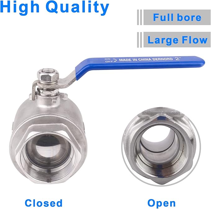 DERNORD Full Port Ball Valve Stainless Steel 304 Heavy Duty for Water, Oil, and Gas with Blue Locking Handles (2" NPT)