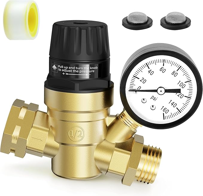 RV Water Pressure Regulator Lead-Free Brass Adjustable Water Pressure Reducer with Gauge and Screen Filter Use in Camper, Trailer, RV Plumbing System