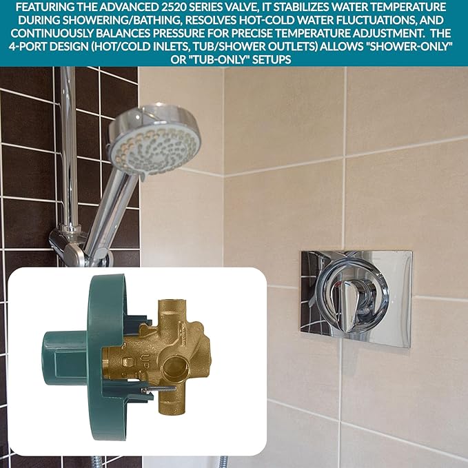 2520 Shower Valve, Brass Pressure Balancing Shower Valves Replacement for Moen 2520-1/2-Inch CC Connection, for Moen Trim Kit, 4-Port Design with 1222 Cartridge Included