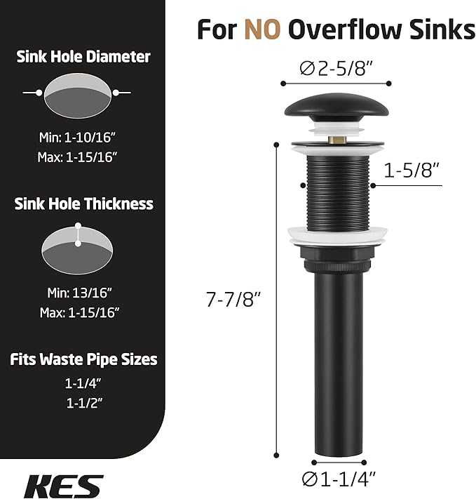 KES Bathroom Sink Drain Without Overflow, Solid Ceramic Cap Pop Up Drain for Bathroom Sink, Ceramic Bathroom Sink Stopper, All-Metal Body Matte Black, S2008D-CB