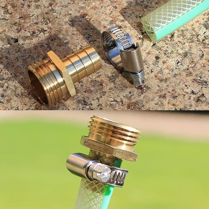 Solid Brass Garden Hose Repair kit Connector with Clamps 5/8" Barb x 3/4" Male,Fit for Garden Hose Fitting,Male and Female Hose Fittings