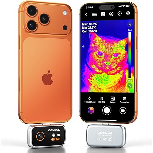 GW340 Thermal Camera for iPhone/Android/Tablet, 512x384 Super IR Resolution, Thermal Imager iOS 17/16/15 Series & iPads USB-C Port, 256x192 IR Resolution Home Inspection, HVAC, Automotive -4°F~752°F