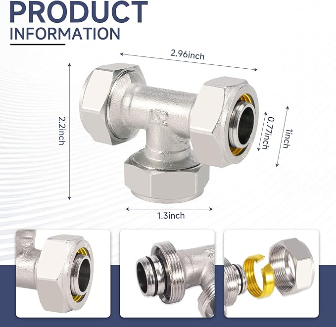 2PCS 3/4’’ Air Line Fittings for Shop Garage, 3/4’’ Tubing Tee Air Piping Fittings Fit for Compressed Air Tube System, Brass-Nickel Plated, 200PSI Working Pressure