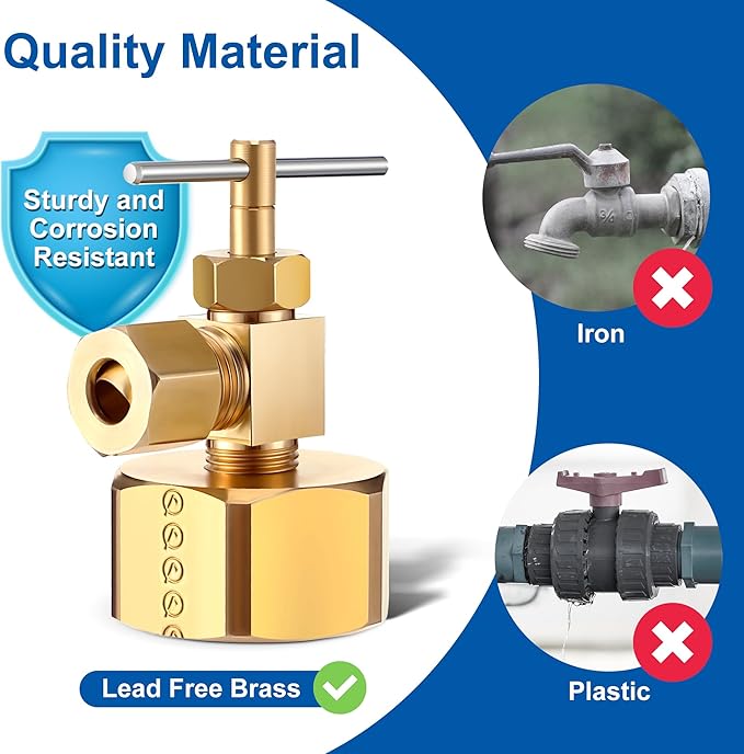 Enhon 3/4 Female Garden Hose Thread by 1/4 Compression Needle Valve Brass Adapter, Brass Adapter with Washer and PTFE Thread Seal Tape, Water Hose Tool for Swamp Cooler Ice Maker