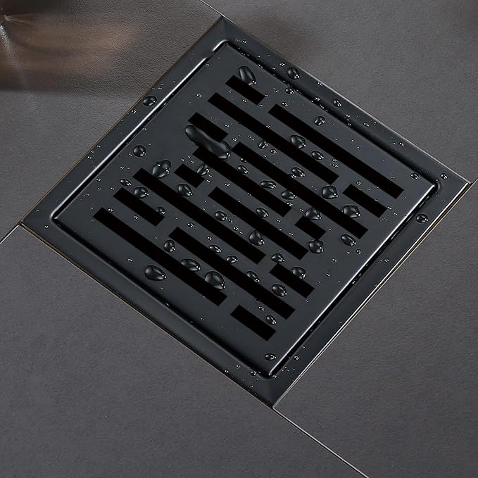 6 Inch Square Shower Floor Drain, Shower Drain Kit with Flange, Square Shower Drain, SUS 304 Stainless Steel Floor Drain,Matte Black