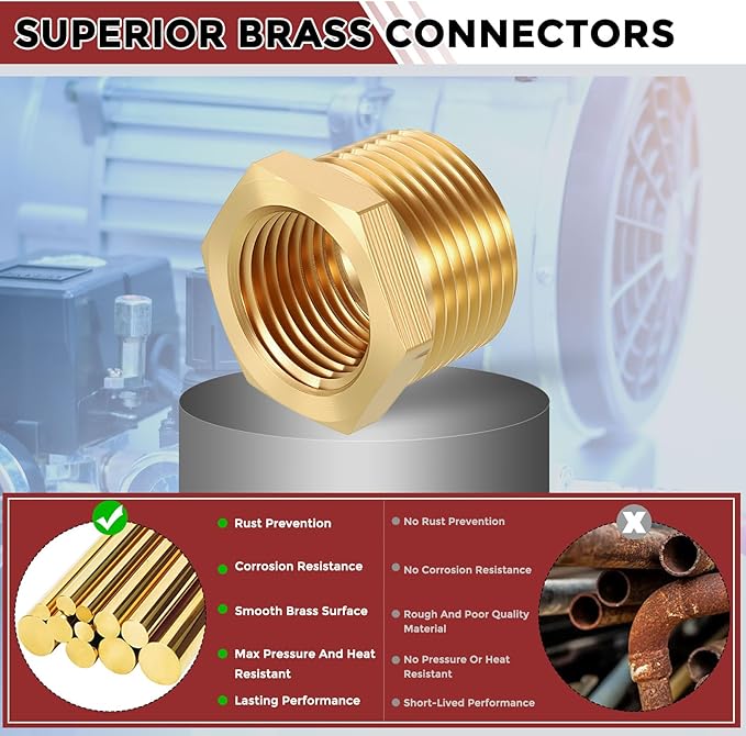 Pack of 2, 3/4" NPT Male to 1/2" NPT FeMale Solid Brass Hex Bushing, Hose Fittings Adapter Reducer Fit for Pipe Leak Repair, Bathroom Remodeling, Tool Extensions, Compression
