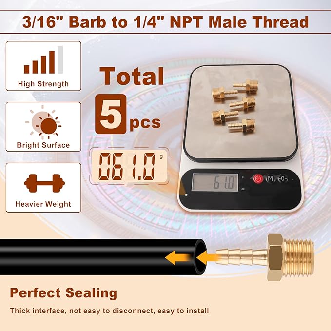 5pcs Brass Hose Barb Fittings 3/16 Inch Barb to 1/4 Inch NPT Male Thread Air Hose Fittings Adapter Connector Water Fuel Air Line Fittings 3/16” × 1/4” NPT Brass Fittings
