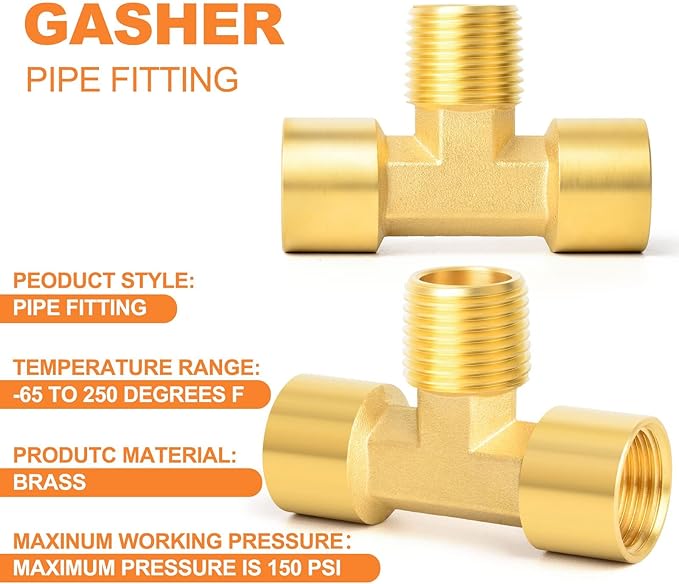 GASHER 5PCS Metals Brass Pipe Fitting Barstock Male Branch Tee T Adapter 1/4" Female x 1/4" NPT Female x 1/4" NPT Male
