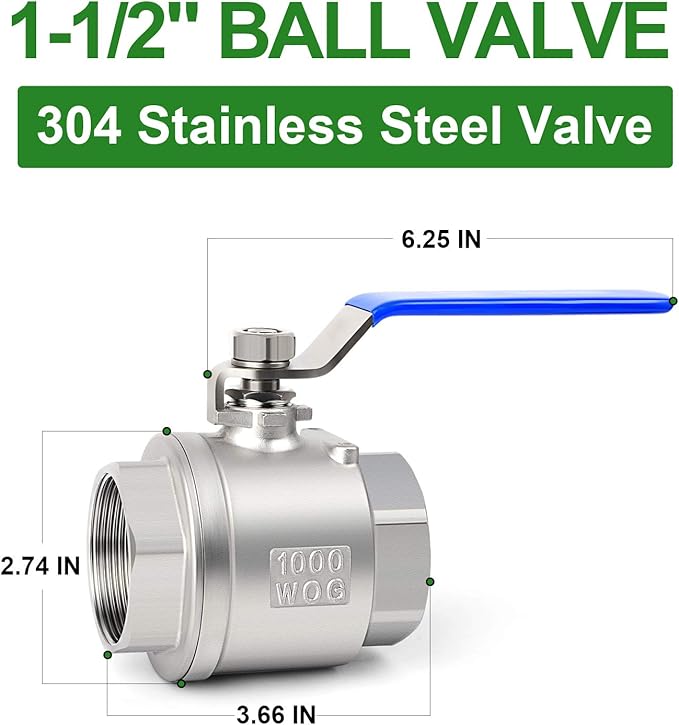 TAISHER 1 PCS 1-1/2 Inch FNPT Heavy Duty Full Porat Ball Valve 304 Stainless Steel with Blue Handles