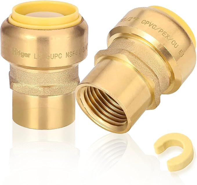 2-Pack HeSun Pushfit Female Adapter, 3/4" FNPT x 1" Push to Connect Plumbing Fittings with Disconnect Clip, Brass Push-fit Fittings for PEX, Copper, CPVC, PE-RT Pipes(PF195-2)